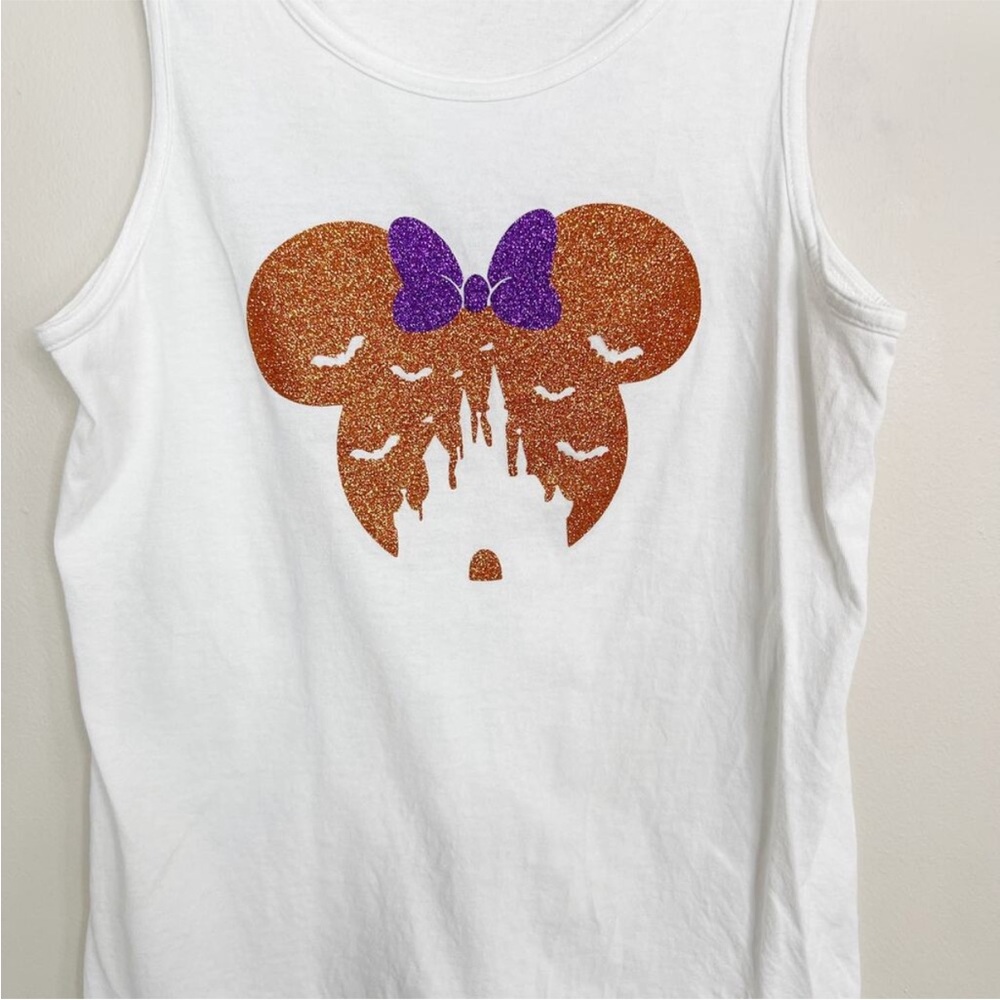 Gildan Minnie Mouse Cinderella Princess Castle Glitter Tank Top White Orange S